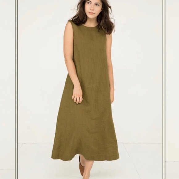 Elizabeth Suzann Dress Womens Large Green 100% Linen A Line Heavy Midi Lagenlook - Picture 1 of 13